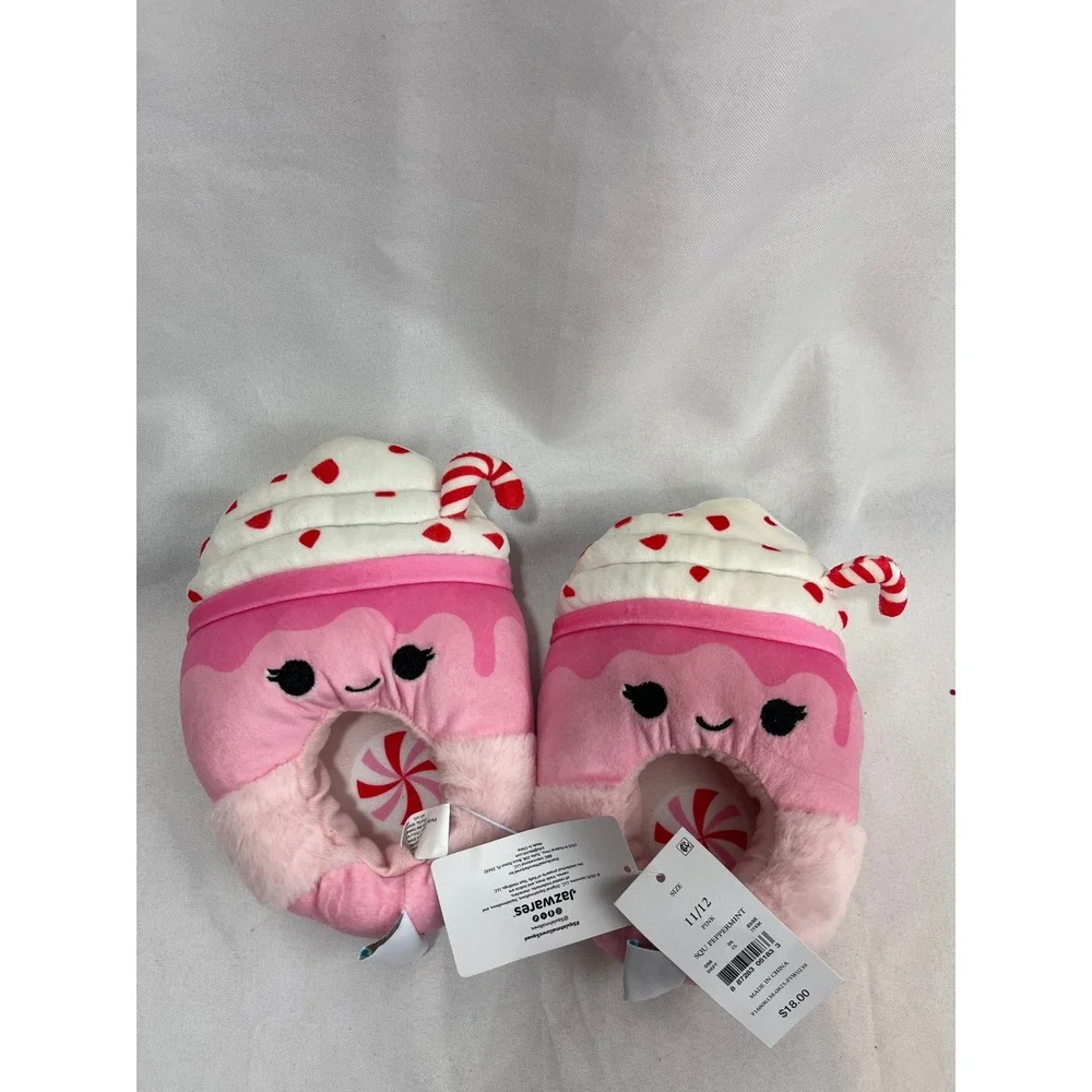 Squishmallows Peppermint Milkshake Pink Plush Slippers Kids Size 11/12 NWT‎